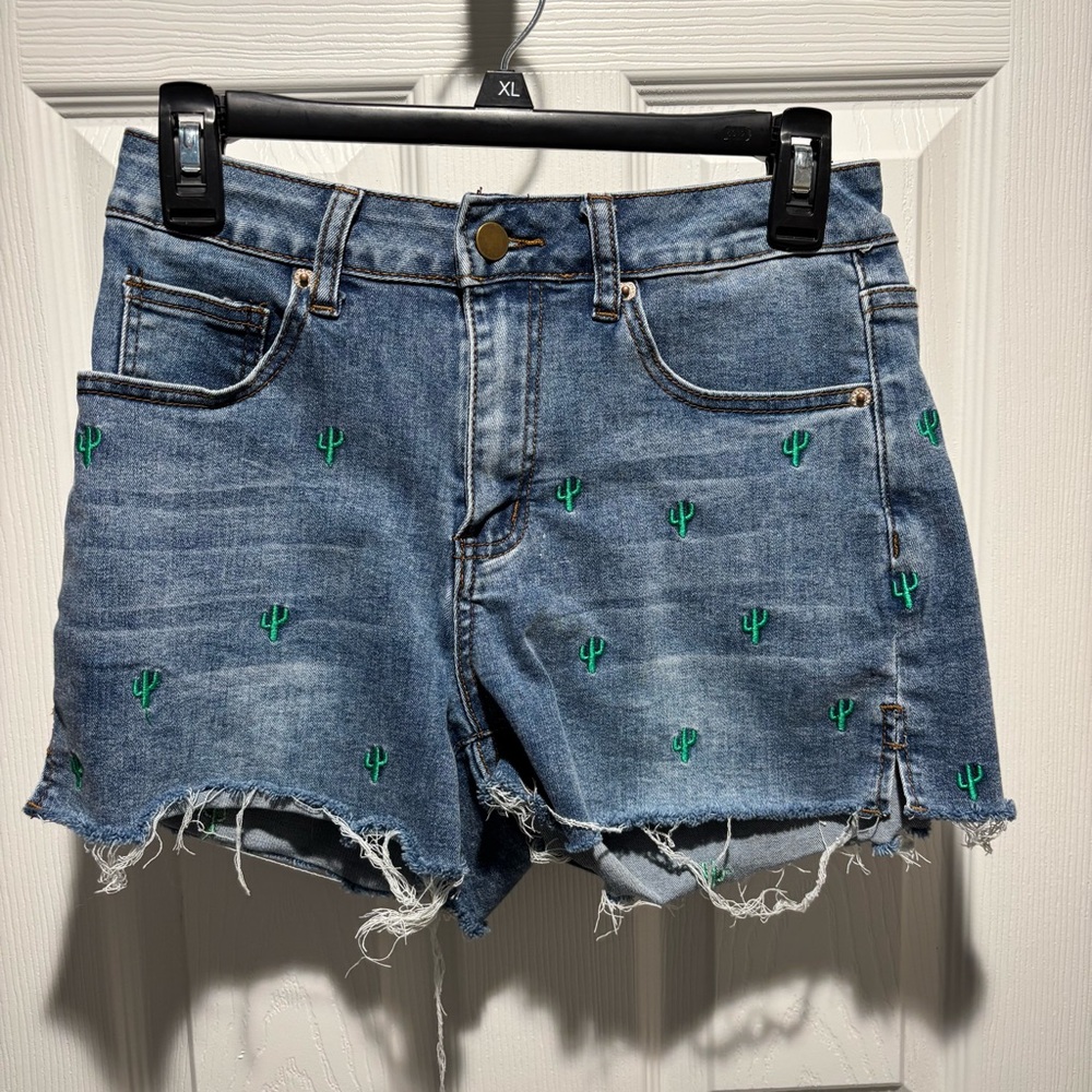 Denim Cactus Embroidered Women's Shorts